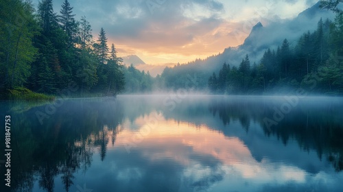 Serene Mountain Lake Reflecting the Sunset Sky