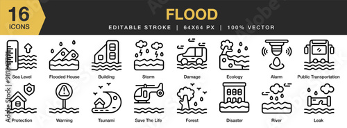 Flood icon set. Editable Stroke Icon Collection. Includes alarm, building, damage, disaster, ecology, flooded house, and More. Outline icons vector collection.