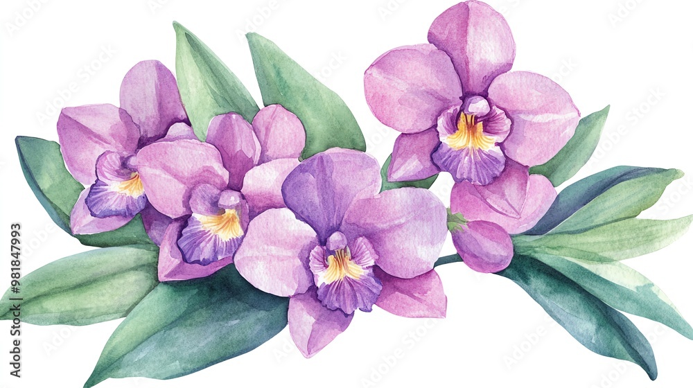 Obraz premium Watercolor orchid clipart featuring exotic blooms in purple and pink hues