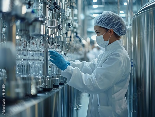 Scientists observing advanced bioreactors producing new medication, pharmaceutical, biotech, drug manufacturing process