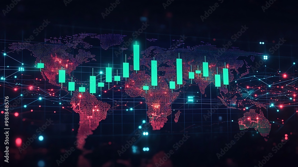Fototapeta premium A rising candlestick chart with green candles, displayed over a world map with glowing financial hubs, network lines connecting the busiest cryptocurrency trading regions, soft lighting, hd textures,