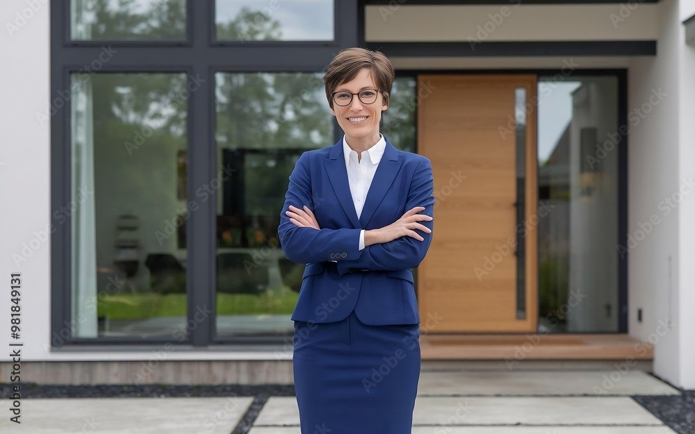 A confident American woman real estate agent stands proudly outside a modern home. A confident American woman real estate agent stands proudly outside a modern home.