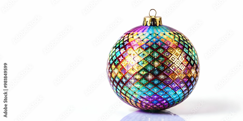 Fototapeta premium Holographic Christmas Bauble Design: Isolated Reflective Bauble with Intricate Holiday Patterns for Joyful 2025 New Year Celebration - Photo Stock Concept