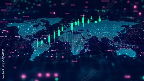 A steep upward trend of green candlesticks on a cryptocurrency market chart, overlaid on a glowing blue world map, financial centers connected by bright, luminous lines, soft lighting effects,