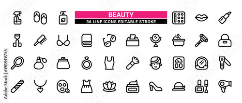 36 Beauty Line Icons Set Pack Editable Stroke Vector Illustration.