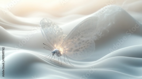 Ethereal butterfly resting on soft, flowing fabric-like surface. photo