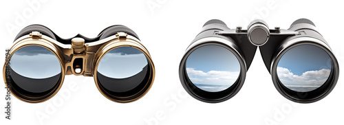 Close Up Front View To a Set Of Golden and Black binoculars PNG with The sky View in glasses isolated on white and transparent background - 
