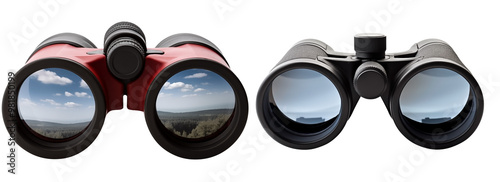 Close Up Front View To a Set Of Red and Black binoculars PNG with The sky View in glasses isolated on white and transparent background - 