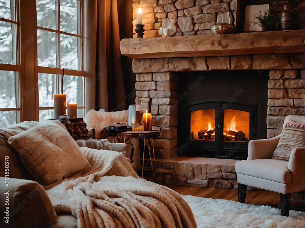 Fototapeta premium Cozy fireplace with woolen blankets in warm autumnal interior for relaxing evenings 