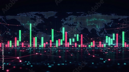 A volatile candlestick chart with alternating green and red bars, displayed on a glowing digital world map with gridlines and financial hubs illuminated, photo