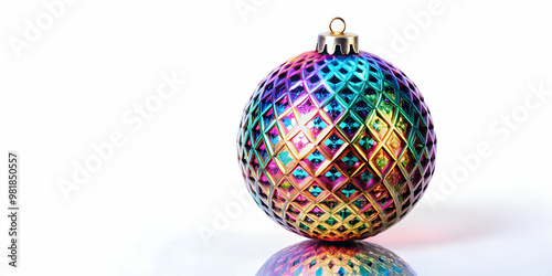 3D Holographic Christmas Bauble Concept: Isolated Holiday Ornament with Intricate Patterns Symbolizing Joy for Happy New Year 2025 on White Background