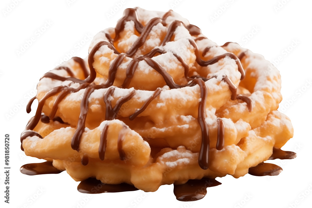 Close Up To a Sugar coated funnel cake PNG with dripping Chocolate isolated on white and transparent background - Fried Crispy dough Sweet Baked Funnel dessert Pastry Concept Close Up To a Sugar coated funnel cake PNG with dripping Chocolate isolated on white and transparent background - Fried Crispy dough Sweet Baked Funnel dessert Pastry Concept