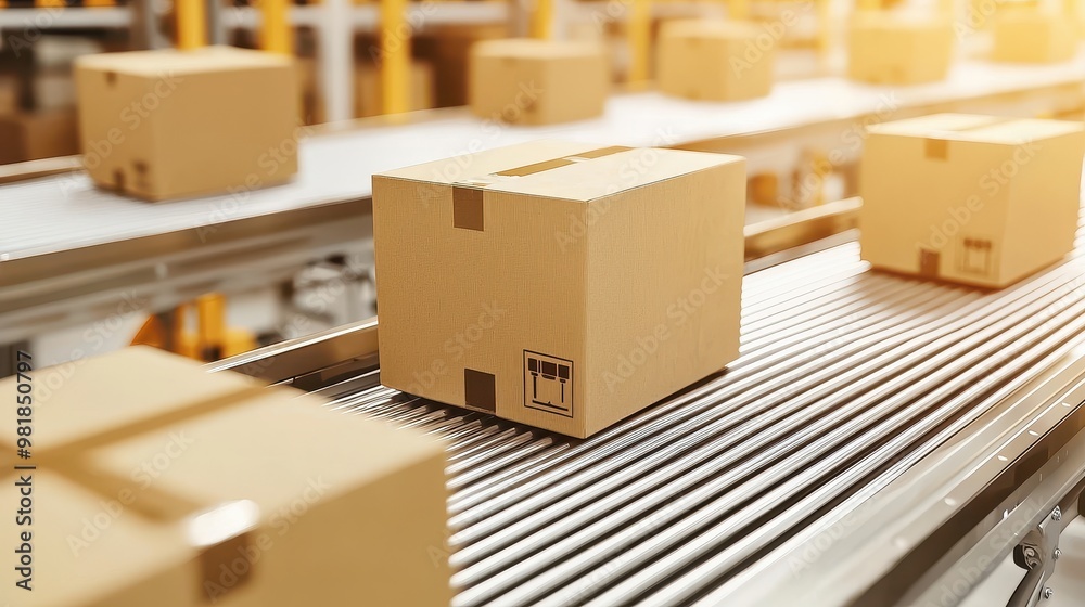 Cardboard Boxes Moving On Conveyor Belt In Warehouse