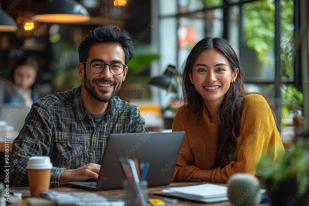 © Vertigo Images - Smiling man and woman working together on laptop in a cafe. © Vertigo Images - Smiling man and woman working together on laptop in a cafe.