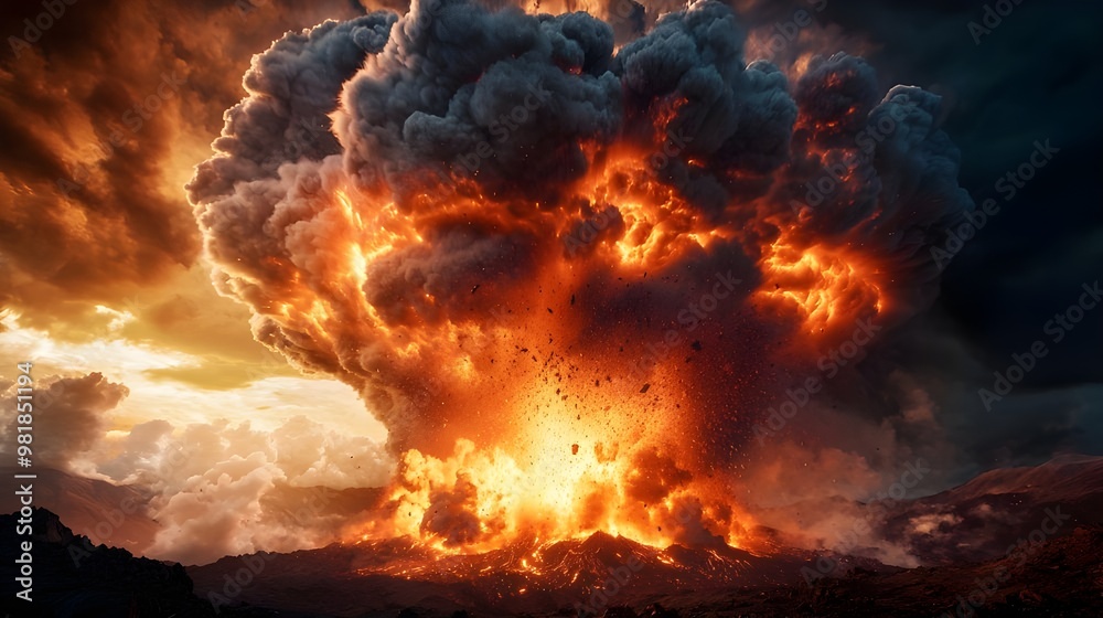 An explosive eruption emits a massive cloud of smoke and fire against a dramatic sky, showcasing the raw power of nature. An explosive eruption emits a massive cloud of smoke and fire against a dramatic sky, showcasing the raw power of nature.