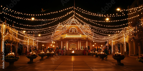 a grand temple beautifully decorated with strings of lights, diyas, and flowers during Diwali night