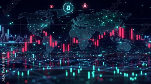 Green and red candlesticks fluctuating on a stock market chart, displayed over a global map with glowing network lines connecting financial hubs, cryptocurrency symbols floating above,