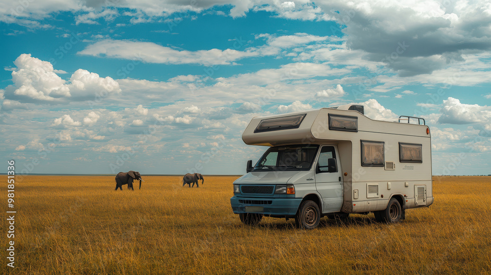 A camper motorhome parked in an open savannah, surrounded by elephants under beautiful sky. scene captures essence of adventure and wildlife exploration A camper motorhome parked in an open savannah, surrounded by elephants under beautiful sky. scene captures essence of adventure and wildlife exploration