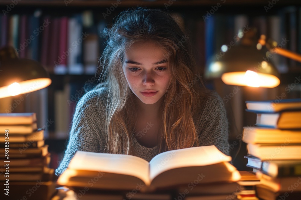 Young woman studying textbook at table in library with lamp Young woman studying textbook at table in library with lamp
