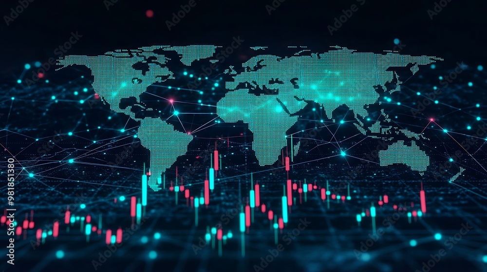 Obraz premium Green candlesticks rising sharply on a stock market chart, placed on a glowing blue world map with network nodes representing global financial hubs,