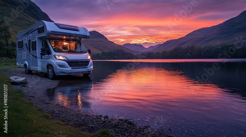 A camper motorhome parked by serene mountain lake under stunning sunset, reflecting vibrant colors on waters surface, creates peaceful and picturesque scene