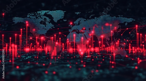 Plummeting red candlesticks on a global stock chart, overlaid on a darkened world map with glowing red hubs in key cities, network lines fading, glitch effects indicating instability, cold lighting,