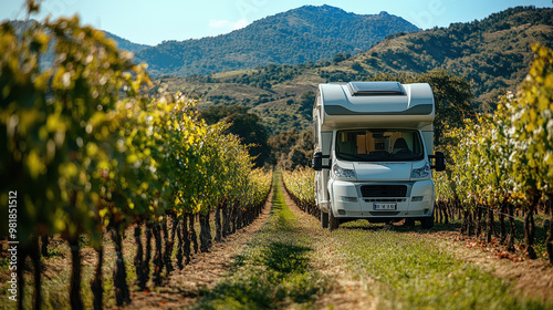 Luxury camper motorhome parked in vineyard surrounded by lush grapevines and scenic mountains. serene landscape offers perfect getaway for nature lovers