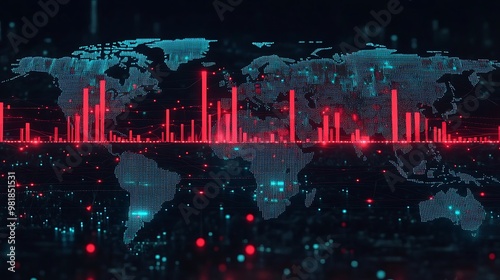 Plummeting red candlesticks on a global stock chart, overlaid on a darkened world map with glowing red hubs in key cities, network lines fading, glitch effects indicating instability, cold lighting,