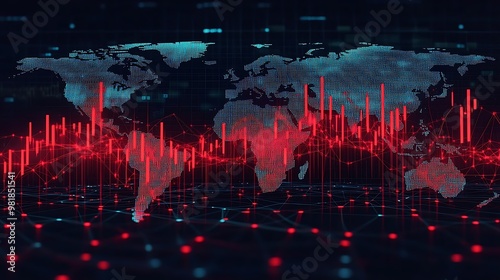 Plummeting red candlesticks on a stock market chart, overlaying a world map with financial hubs glowing in red, network lines representing global disarray, dark digital grids in the background,