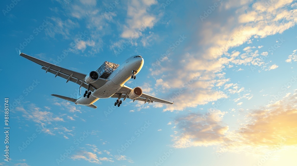 Obraz premium Cargo Airplane Flying Through Blue Sky with Clouds