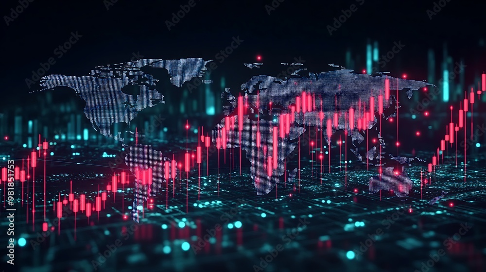 Obraz premium Red candlesticks falling dramatically on a cryptocurrency chart, overlaying a glowing world map with flickering financial hubs and connecting lines, representing global market chaos,