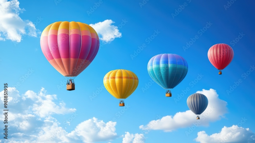 A group of bright, colorful balloons rising into the sky, with a realistic background of blue skies and white clouds, creating a festive atmosphere A group of bright, colorful balloons rising into the sky, with a realistic background of blue skies and white clouds, creating a festive atmosphere