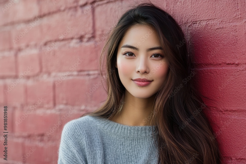 Portrait of beautiful Asian woman in casual outfit against red brick wall Portrait of beautiful Asian woman in casual outfit against red brick wall
