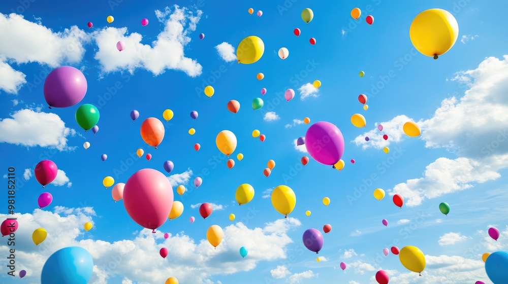 A sky filled with colorful and beautiful balloons floating freely, set against a realistic background of bright blue skies and scattered clouds A sky filled with colorful and beautiful balloons floating freely, set against a realistic background of bright blue skies and scattered clouds