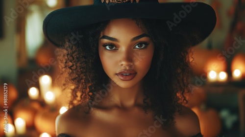 A young woman with curly hair wearing a black witch's hat looks directly at the camera with a serious expression. She is surrounded by flickering candles and pumpkins in a dimly lit room.