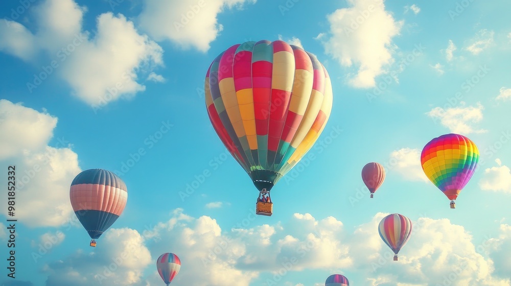 Beautiful balloons in a variety of colors drifting through the sky, with a stunning blue sky and light clouds creating a joyful, realistic scene Beautiful balloons in a variety of colors drifting through the sky, with a stunning blue sky and light clouds creating a joyful, realistic scene