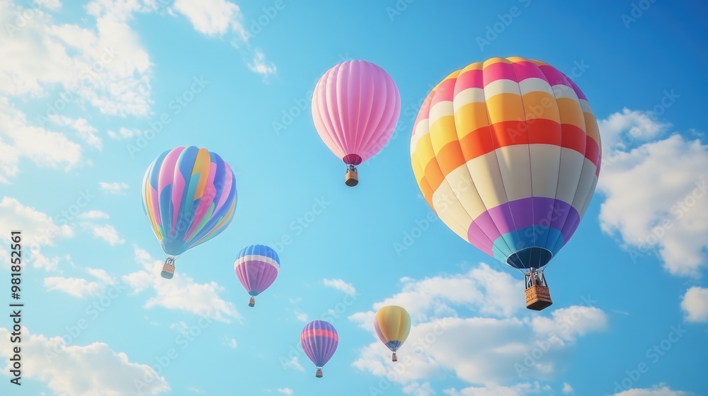 Beautiful multicolored balloons soaring high in the sky, with a stunning blue backdrop and light clouds, creating a joyful, realistic scene Beautiful multicolored balloons soaring high in the sky, with a stunning blue backdrop and light clouds, creating a joyful, realistic scene