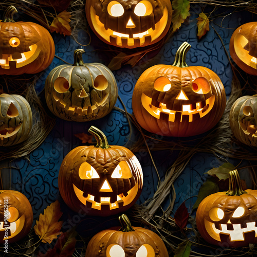 Halloween pumpkin background featuring spooky jack-o-lanterns on a black backdrop, perfect for autumn celebrations	