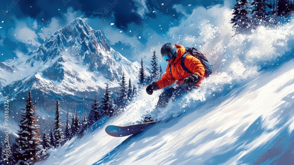 Vibrant Snowboarder Carving Fresh Powder on a Bold, Steep Mountain Landscape Vibrant Snowboarder Carving Fresh Powder on a Bold, Steep Mountain Landscape