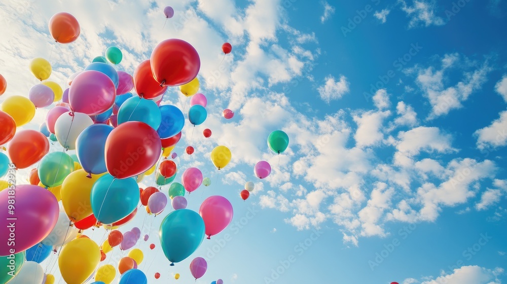 Colorful balloons rising into the sky on a clear day, with a stunning blue sky and scattered clouds creating a realistic and festive scene Colorful balloons rising into the sky on a clear day, with a stunning blue sky and scattered clouds creating a realistic and festive scene