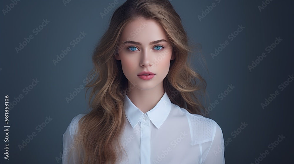 A young woman stands facing the camera, her long hair flowing softly. She has bright blue eyes and is dressed in a classic white shirt, set against a dark background