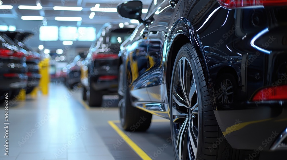 Black Car Wheel Detail in Showroom with Yellow Line Black Car Wheel Detail in Showroom with Yellow Line