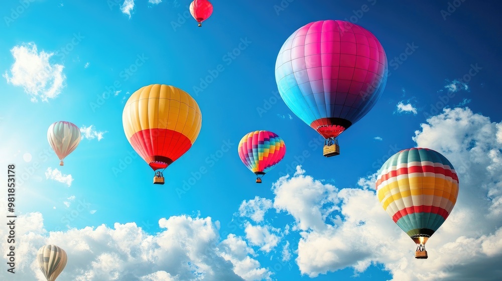 Obraz premium Stunning colorful balloons soaring through the sky on a clear, sunny day, with a realistic blue sky and soft white clouds in the background