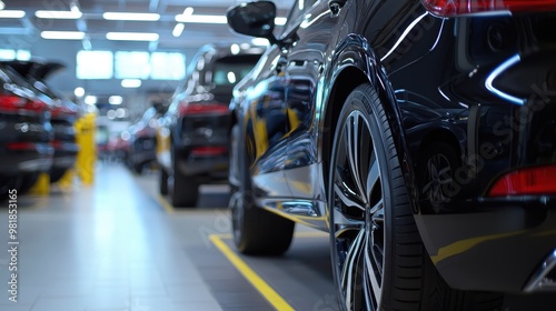 Wallpaper Mural Black Car Wheel Detail in Showroom with Yellow Line Torontodigital.ca