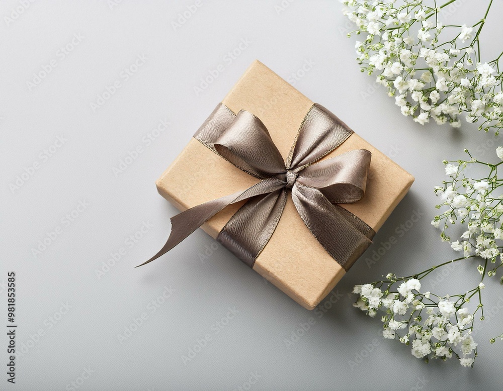 Gift or present box and flower gypsophila on light table top view. Greeting card. Flat lay style with copy space. Gift or present box and flower gypsophila on light table top view. Greeting card. Flat lay style with copy space.