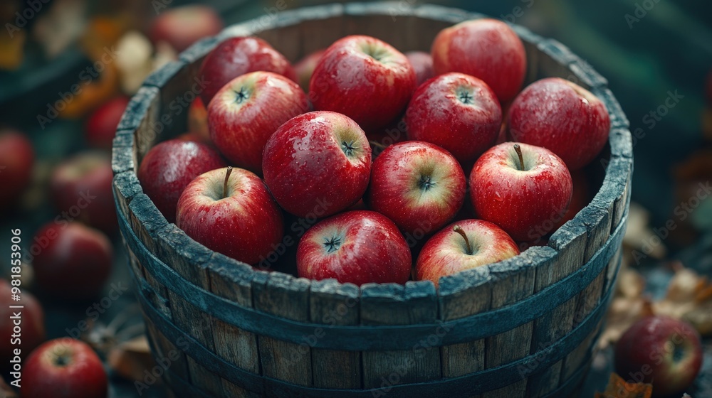 A wooden barrel filled with ripe red apples, surrounded by fallen leaves. A wooden barrel filled with ripe red apples, surrounded by fallen leaves.