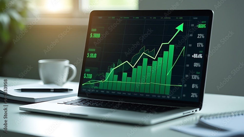 A financial growth graph displayed on a laptop screen, showcasing increasing trends and positive performance metrics. Represents modern financial analysis, investment success, and economic progress. A financial growth graph displayed on a laptop screen, showcasing increasing trends and positive performance metrics. Represents modern financial analysis, investment success, and economic progress.