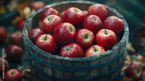 A wooden barrel filled with ripe red apples, surrounded by fallen leaves.