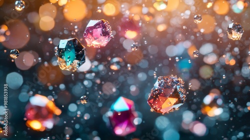 Sparkling Crystal Gems Falling Through Water Droplets with a Blurred Bokeh Background