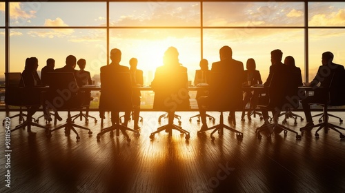 Business Meeting Silhouette at Sunset in Office